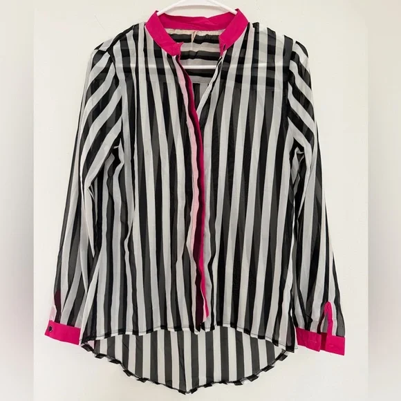 Striped Black and White Blouse with Pink Accents - Picture 2 of 8